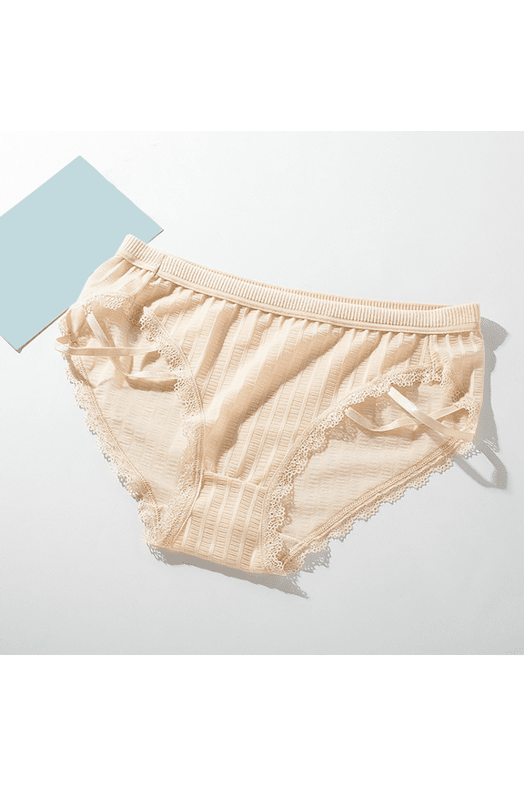 Women's Embroidered Butterfly Lace Bikini Panties Breathable Stretch Nylon Underwear Crisscross Strap Detailing, Beige, One Size