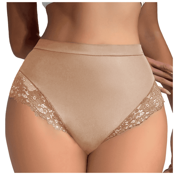 Fulorrnie Women's High Waisted Underwear Lace Trim Tummy Control Seamless Panties, Breathable Polyester Briefs for Everyday Comfort, Beige, M