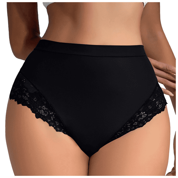 Fulorrnie Women's High Waisted Underwear Lace Trim Tummy Control Seamless Panties, Breathable Polyester Briefs for Everyday Comfort, Black, M