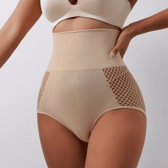 Fulorrnie Women's High Waisted Underwear Tummy Control Sculpting Panties Breathable Mesh Panels Nylon Spandex, Light Yellow, XL