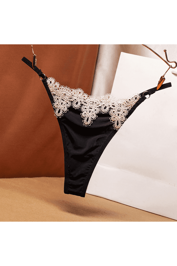 Women's Lace Low Rise Thong Underwear Stretch Nylon Spandex Panties Decorative Cutouts Metal Rings, Black, One Size