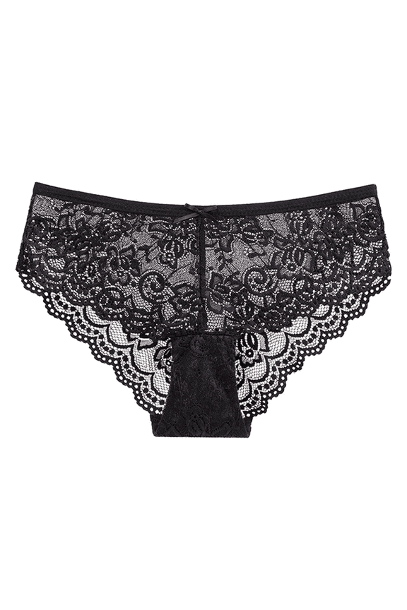 Women's Lace Thong Underwear Bow Accent Sexy Breathable Cotton Lined Panties, Black, S