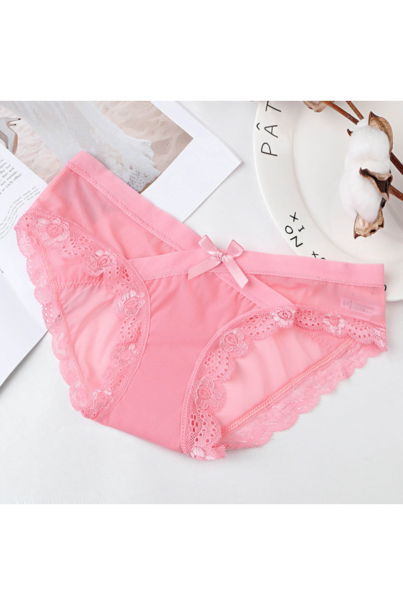 Women's Lace Panties Sexy Low Rise Thong Breathable Cotton Gusset, Comfortable Stretch Tummy Control Underwear, Pink, L