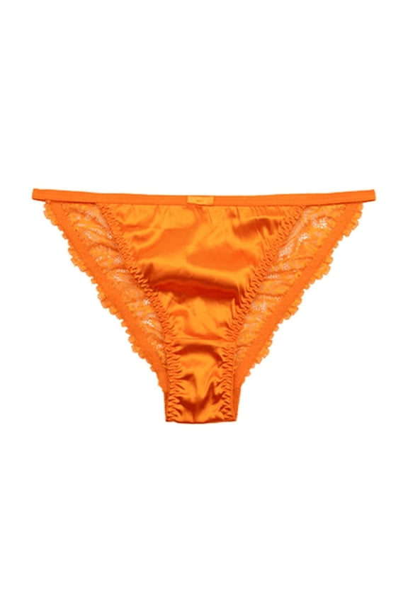 Women's Lace Thong Underwear Sheer Mesh Panel Stretch Nylon Spandex, Tummy Control, No Show Briefs, Orange, M