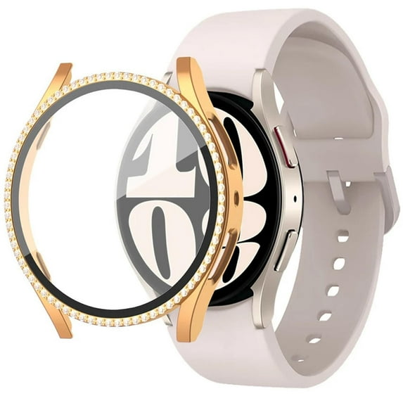 Fulsaxad Glass+Case Compatible with Samsung Galaxy Watch 6 4 5 44mm 40mm 44 Accessoires Bling Diamond PC bumper+Screen protector watch6 watch5 watch4 Waterproofing Cover