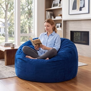 Fulsmile 3Ft Bean Bag Chair for Adults with Memory Foam Filling, Reading Puff Chair with Detachable Fluffy Cover for Bedroom Living Room, Velvet Blue