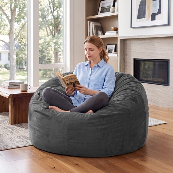 Fulsmile 3Ft Bean Bag Chair for Adults with Memory Foam Filling, Reading Puff Chair with Detachable Fluffy Cover for Bedroom Living Room, Velvet Grey
