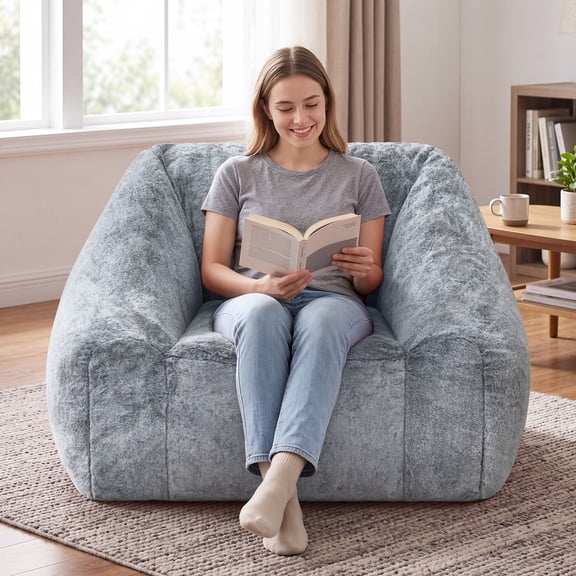 Fulsmile 4FT Bean Bag Chair for Adults, Compressed Cozy Lazy Sofa Filled with Memory Foam, Trapezoidal Large Reading Fluffy Chair for Bedroom Living Room Video Room, Gray
