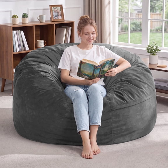 Fulsmile 4Ft Bean Bag Chair for Adults with Detachable Velvet Cover Grey Cylindrical Beanbag with Memory Foam Filler for Bedroom, Living Room, Playroom