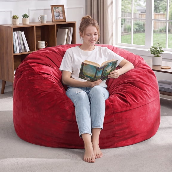Fulsmile 4Ft Bean Bag Chair for Adults with Detachable Velvet Cover Red Cylindrical Beanbag with Memory Foam Filler for Bedroom, Living Room, Playroom