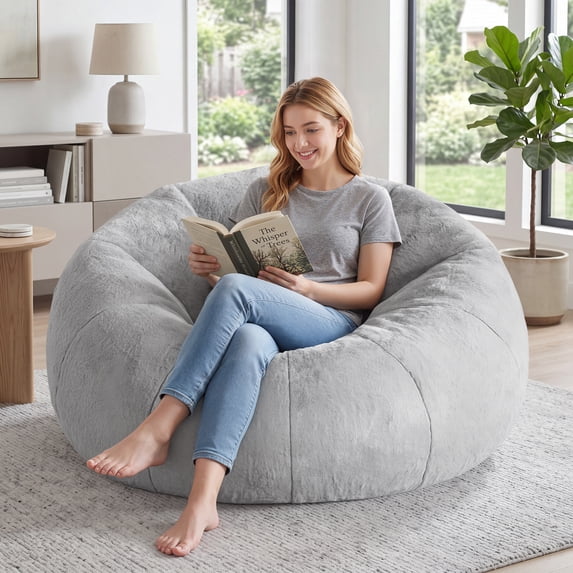 Fulsmile 5FT Bean Bag Chair for Adults, Compressed Cozy Lazy Sofa Filled with Memory Foam, Flower Shaped Oversized Reading Fluffy Chair for Bedroom Living Room Video Room, Gray
