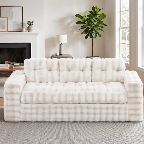 Fulsmile 75" Boneless Sofa with Adjustment Cushions, 3-Seater Cloud Couches with Throw Pillows, 2-in-1 Compact Small Sofa for Living Room, White