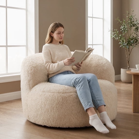 Fulsmile 3Ft Bean Bag Chair for Adults, Regular Lazy Sofa with Stuffed Memory Foam, Comfy Backrest Chair for Reading Gaming Relaxing, Plush Beige