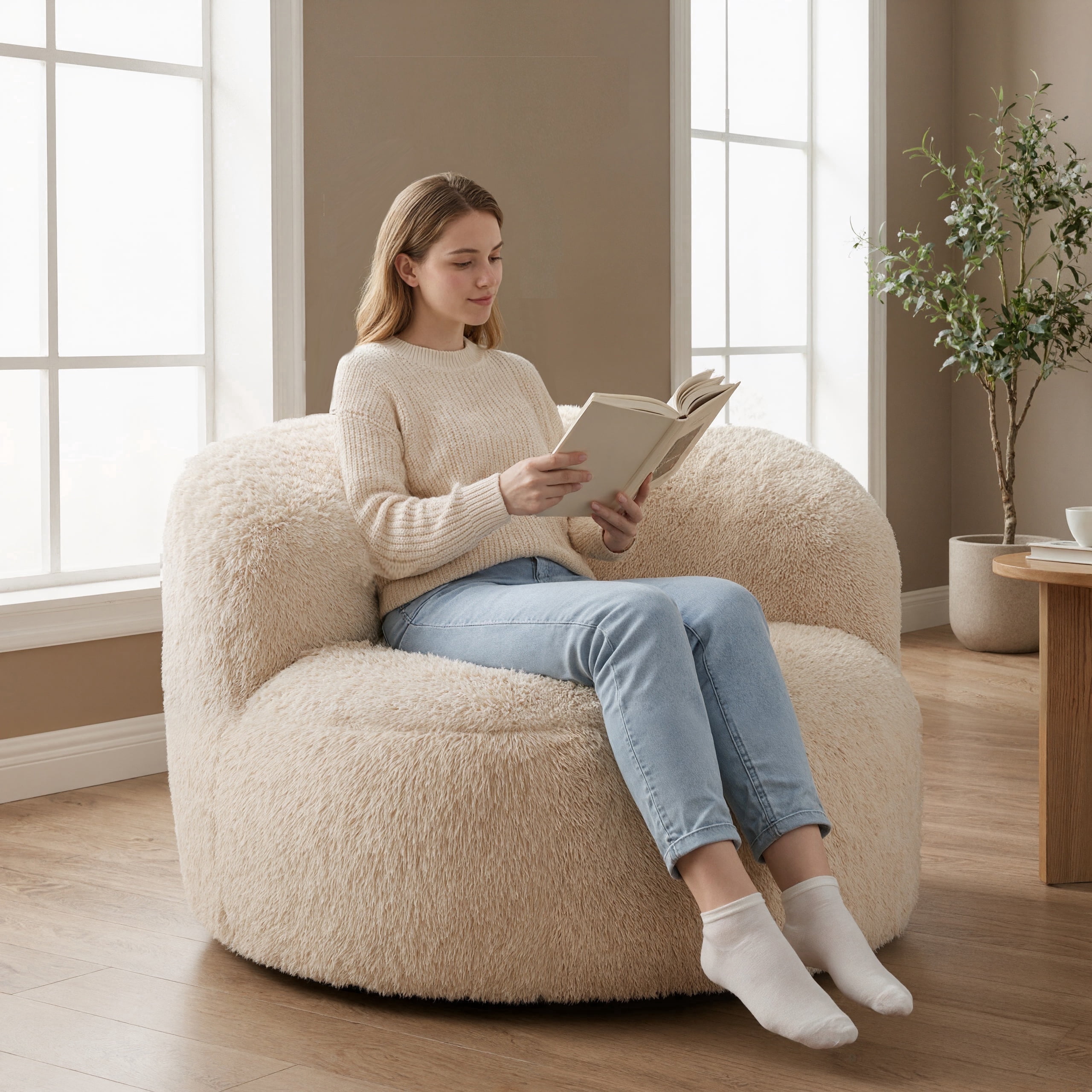 Fulsmile Bean Bag Chair Large Plush Chairs for Adults Giant Beanbag Chair Bean Bag Sofa with Stuffed Memory Foam Bean Lounger Chair for Reading Gaming Relaxing, Beige