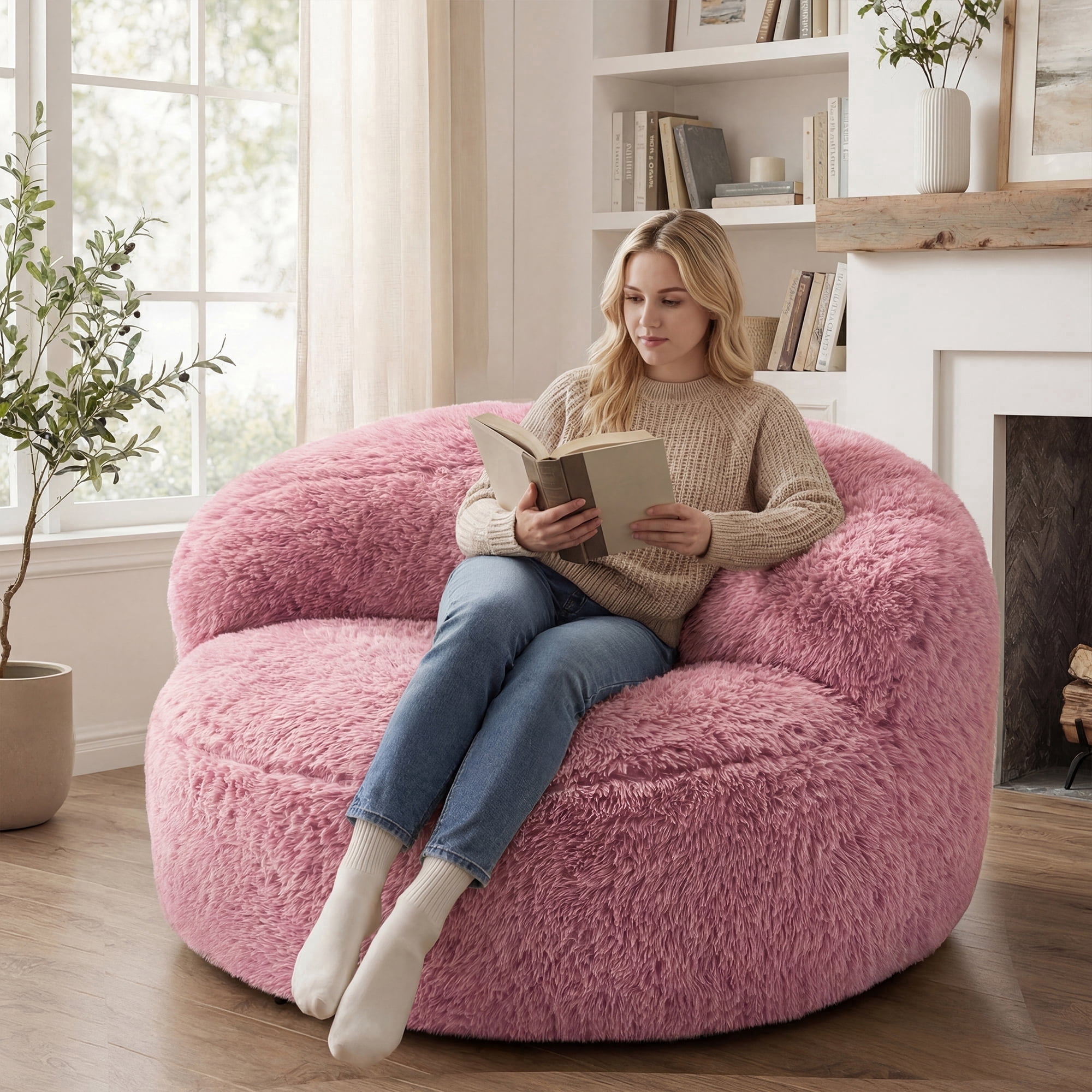 Fulsmile Bean Bag Chair Large Plush Chairs for Adults Giant Beanbag Chair Bean Bag Sofa with Stuffed Memory Foam Oversized Bean Lounger Chair for Reading Gaming Relaxing, Pink