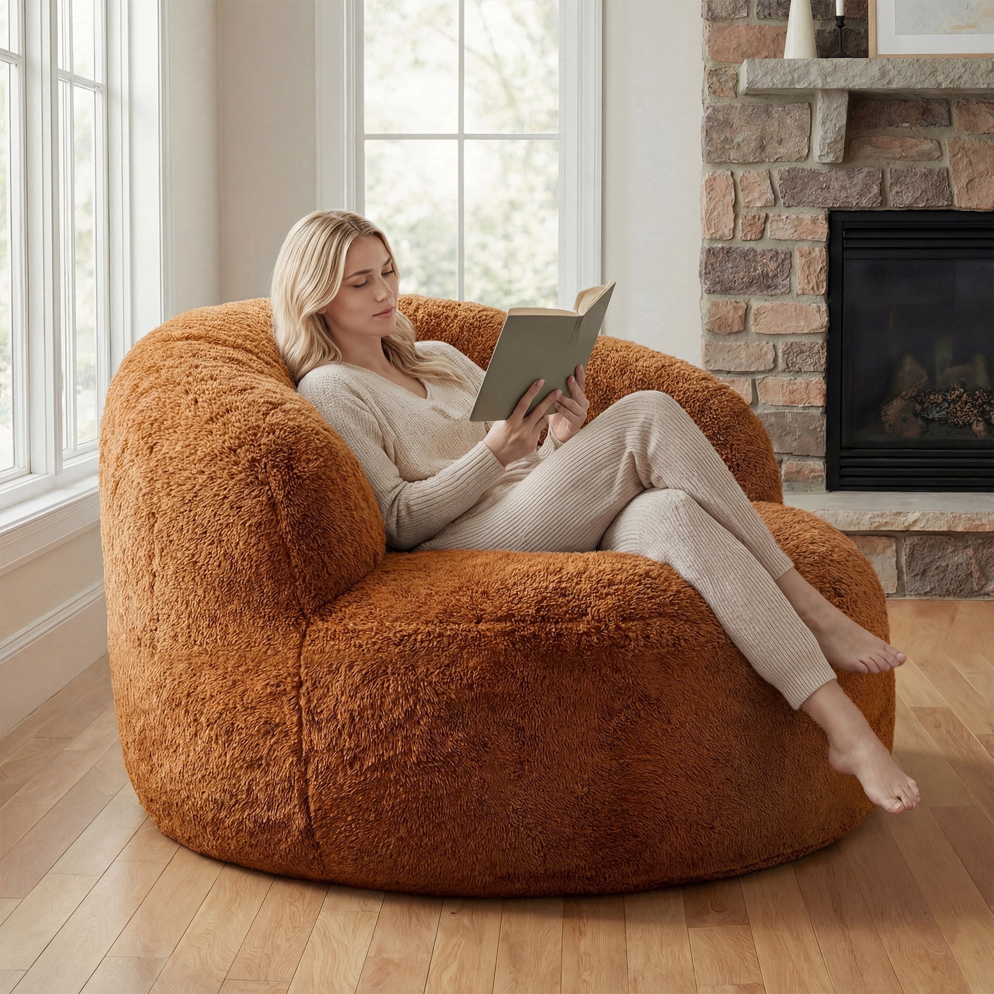 Fulsmile Bean Bag Chair Large Plush Chairs for Adults Giant Beanbag Chair Bean Bag Sofa with Stuffed Memory Foam Oversized Bean Lounger Chair for Reading Gaming Relaxing, Caramel