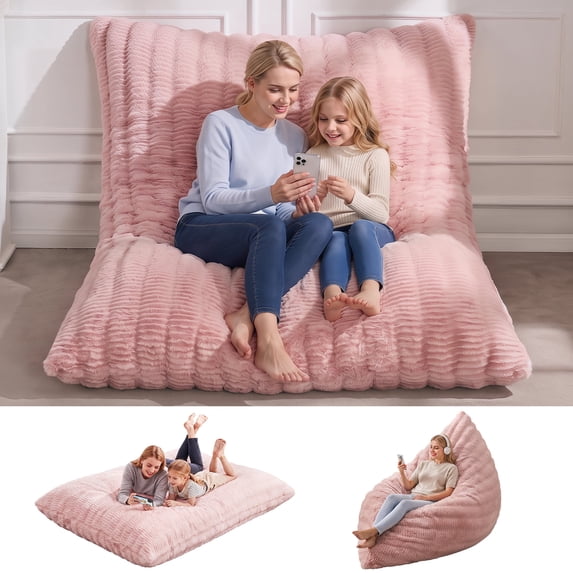 Fulsmile Giant Bean Bag Chair for Adults 3-in-1 Beanbag Bed with Moveable Cover for Living Room, Ripple Pink(76"x55")