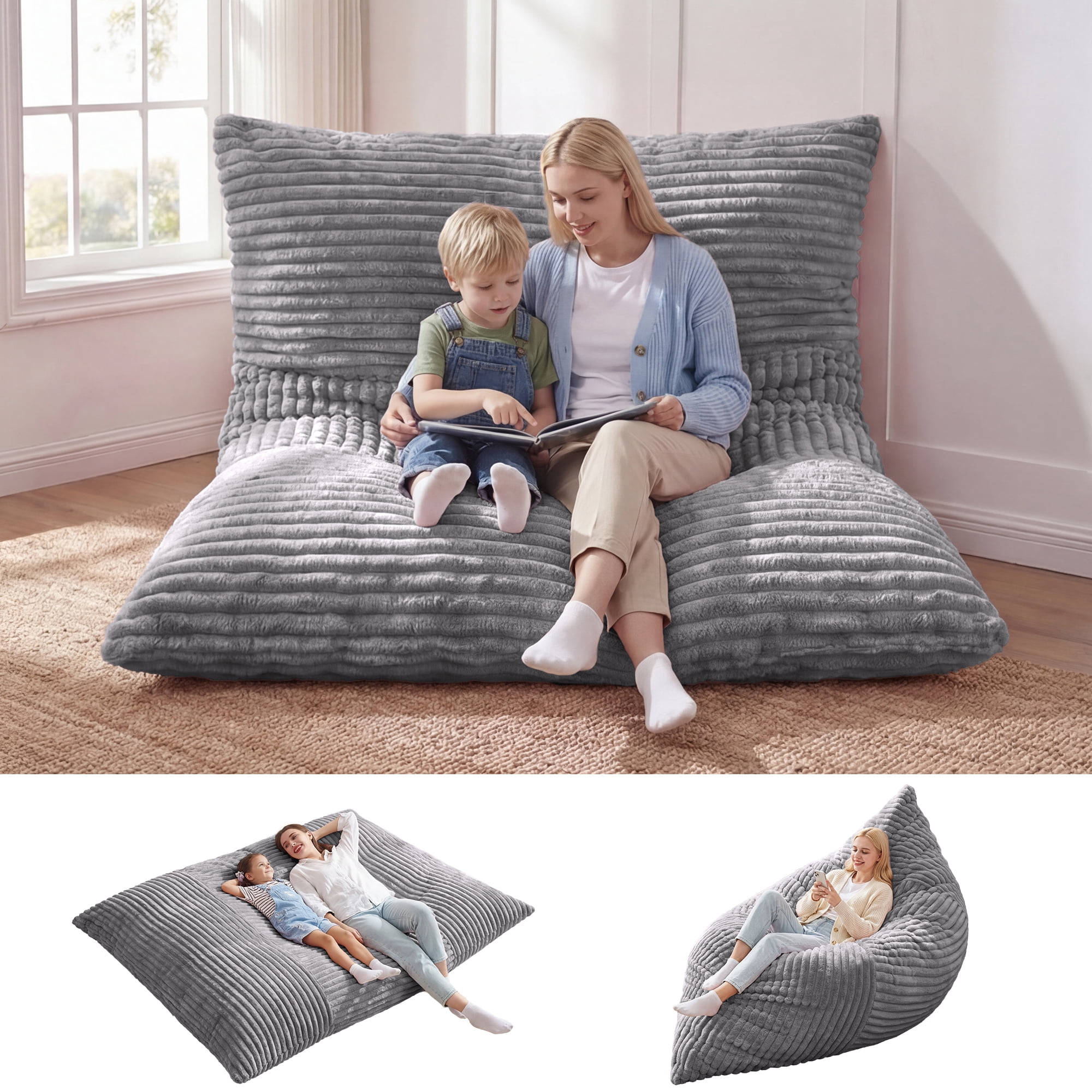 Fulsmile Giant Bean Bag Chair for Adults 3-in-1 Beanbag Bed with Moveable Cover for Living Room, Stripe Grey(76"x55")