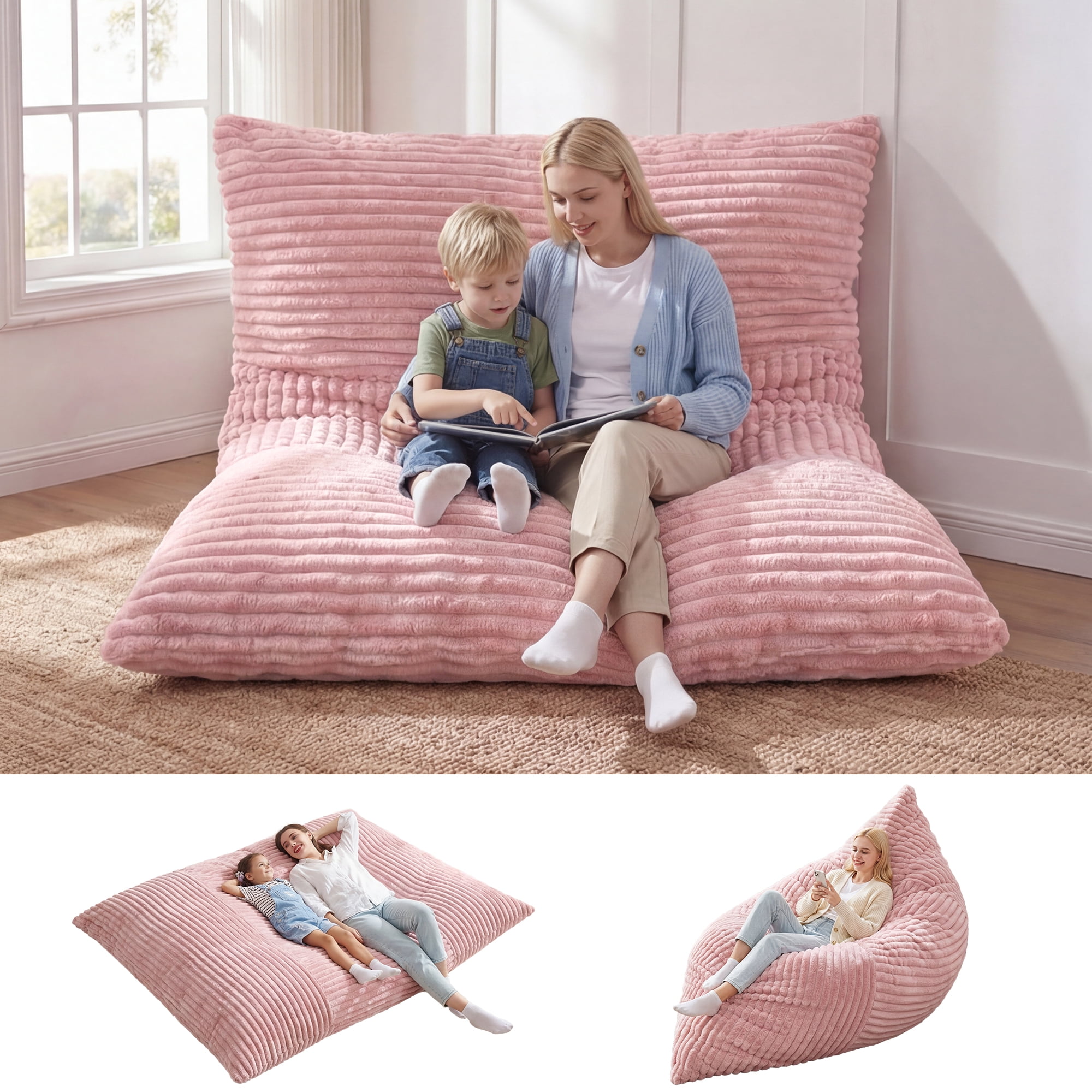 Fulsmile Giant Bean Bag Chair for Adults 3-in-1 Beanbag Bed with Moveable Cover for Living Room, Stripe Pink(76"x55")