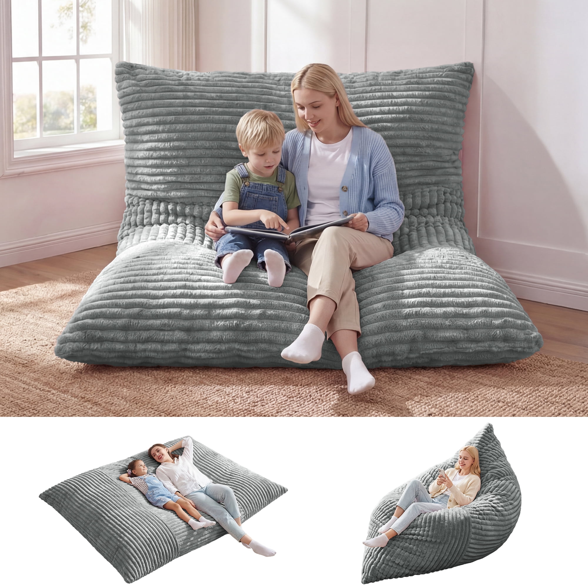 Fulsmile Giant Bean Bag Chair for Adults 3-in-1 Beanbag Bed with Moveable Cover for Living Room, Stripe Turquoisegrey(76"x55")