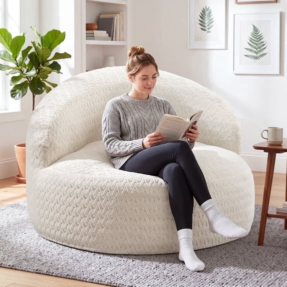 Fulsmile 4Ft Bean Bag Chair for Adults, Large Lazy Sofa with Stuffed Memory Foam, Comfy Backrest Chair for Reading Gaming Relaxing, Chevron White