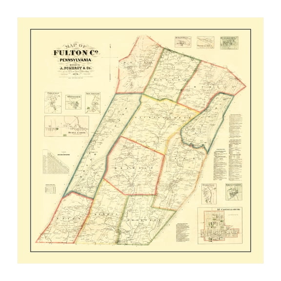 Fulton County Pennsylvania Art, 1873 Vintage Map of Fulton County PA History Wall Decor Gift, Old Fulton County PA Map - 42" x 42" Unframed Print