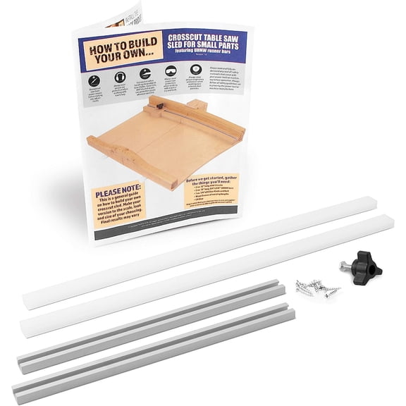 Fulton DIY Table Saw Crosscut Sled 11577  Kit with 2 UHMW Bars 2 Aluminum Tracks 1 Knob and 1 Bolt along with Full Color HOW TO BUILD YOUR OWN Crosscut Sled Guide Booklet