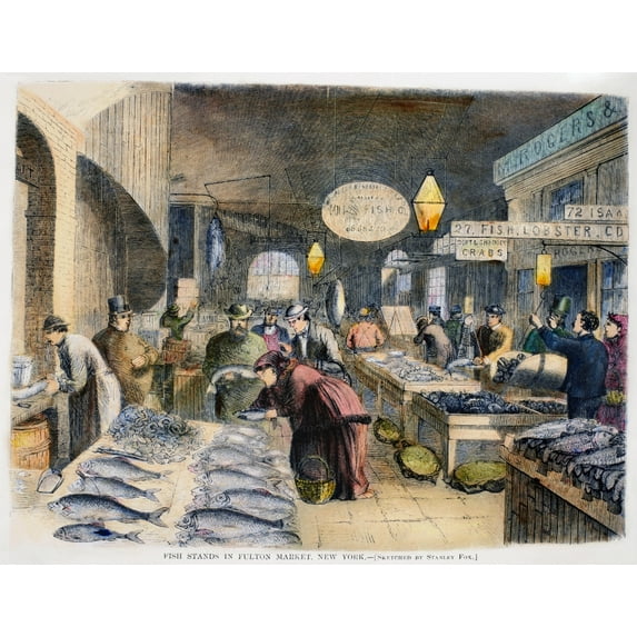 Fulton Fish Market, 1869. /N'Fish Stands At The Fulton Fish Market, New York.' Wood Engraving, American, 1869. Poster Print by (18 x 24)