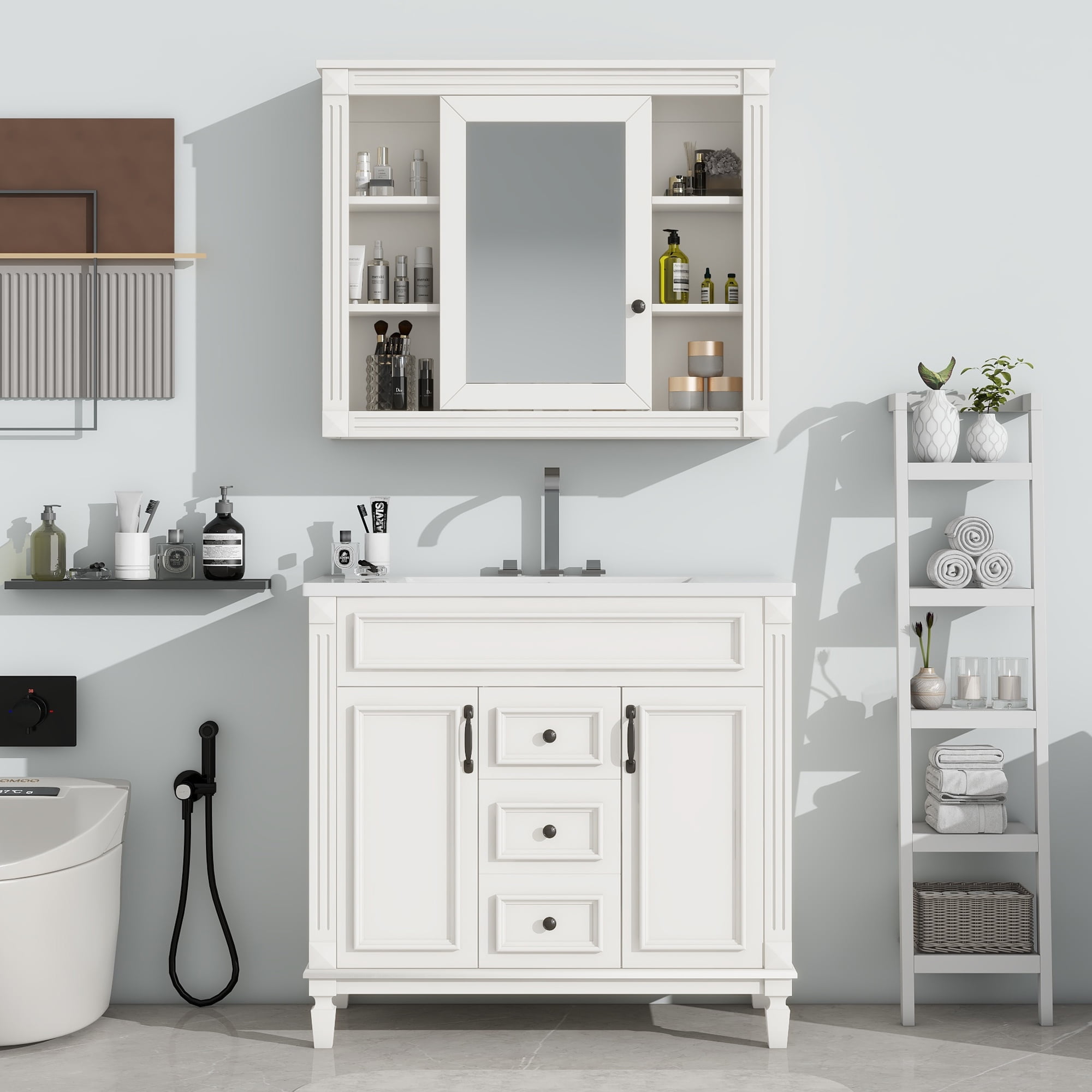 Fulvari 36" Bathroom Vanity, Modern Bathroom With Top Sink, 2 Soft Closing Doors and 2
