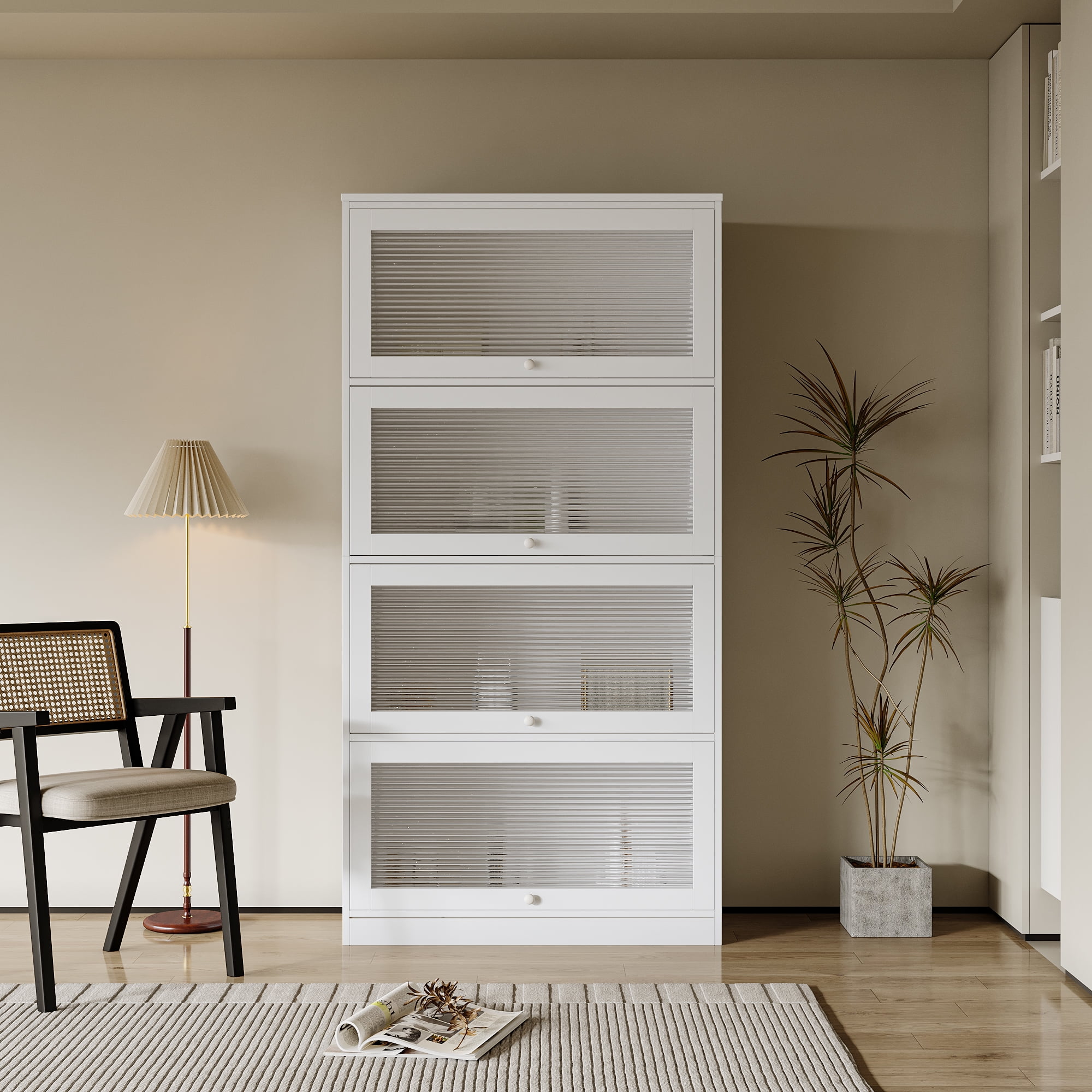 Fulvari 4Tier Bookcase With Clear Glass FlipUp Doors Free Standing Dustproof Bookshelf