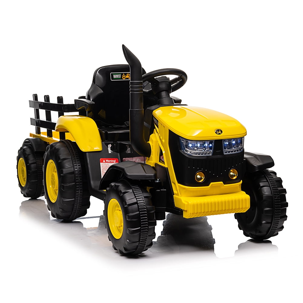 Yellow 12V Ride-On Tractor with Trailer and LED Lights