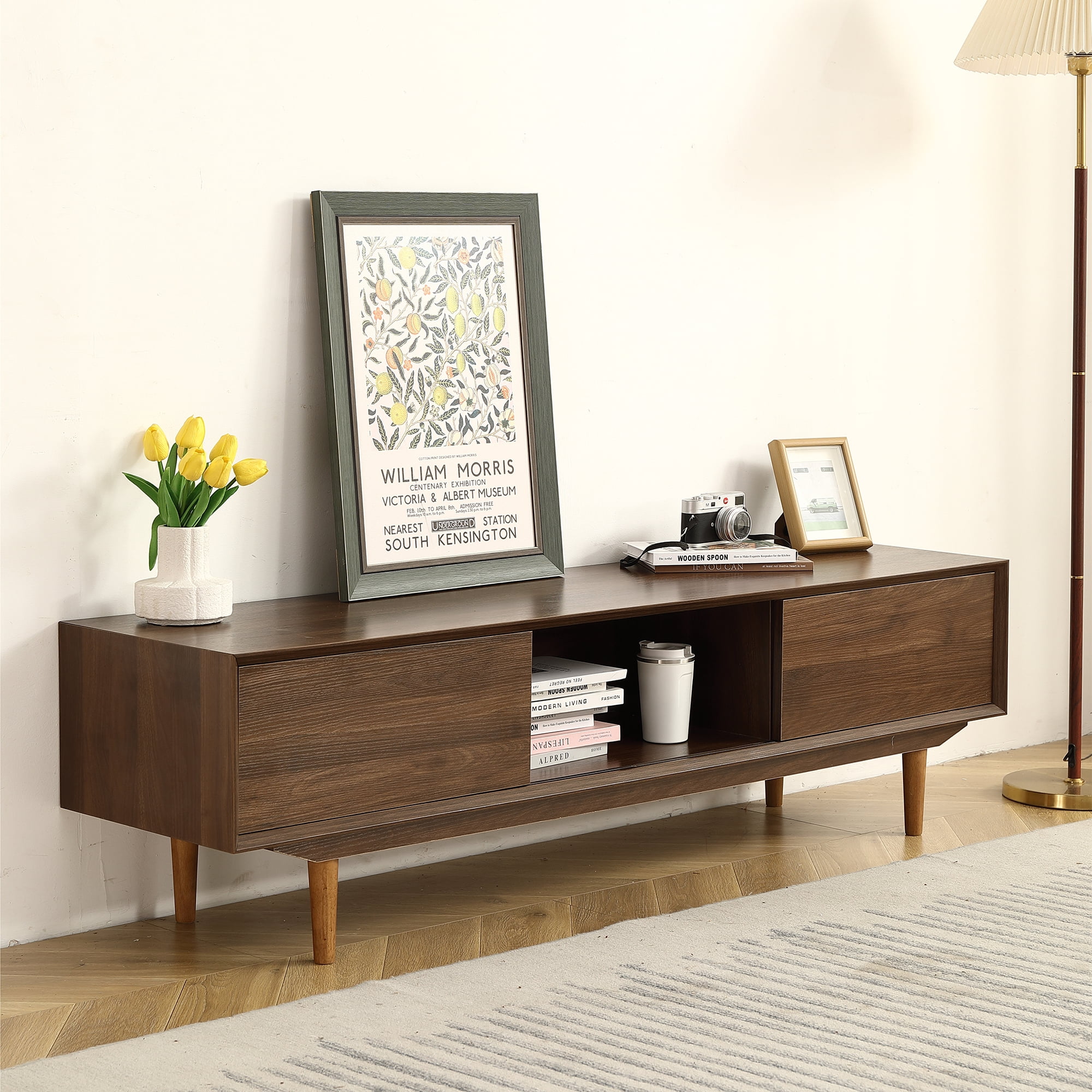 Fulvari 63" Modern TV Cabinet With Double Sliding Doors Solid Wood Legs ...
