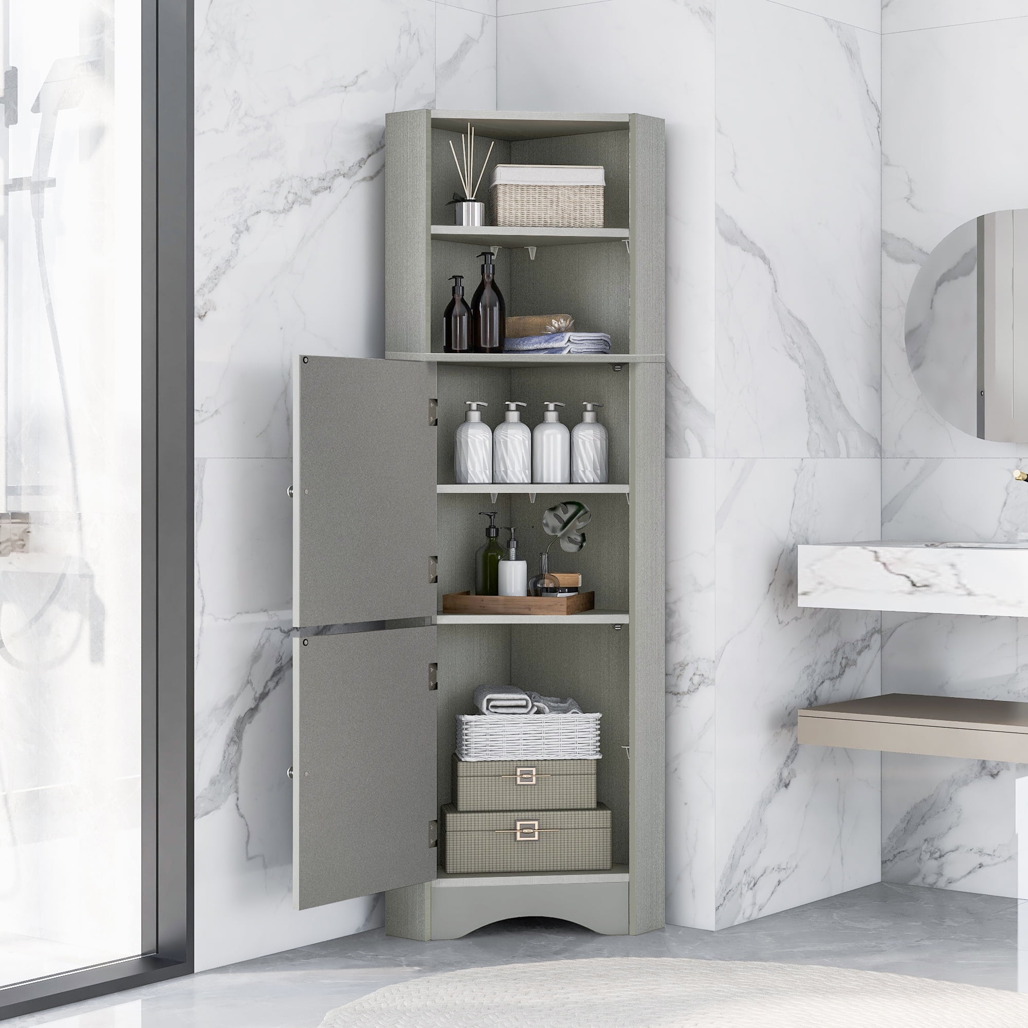 Fulvari Bathroom Tall Corner Cabinet With 2 Doors Open Shelves Space ...