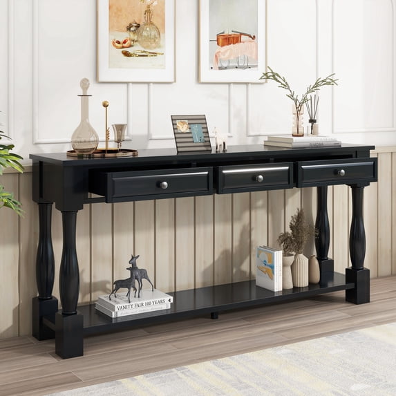 Fulvari Farmhouse 63" Long Console Table With Drawers & Bottom Open Shelf Storage