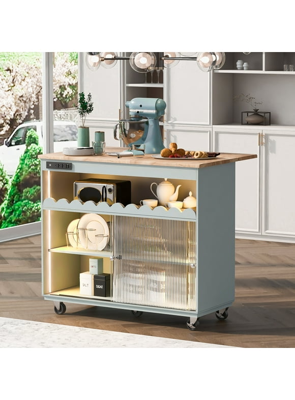 Fulvari Kitchen Island Cart, Kitchen Cart on Wheels with Drop Leaf, 2 Sliding Glass Doors, 2 Cabinet, 1 Open Shelf Rolling Mobile Cart with LED Light and Power Outlets