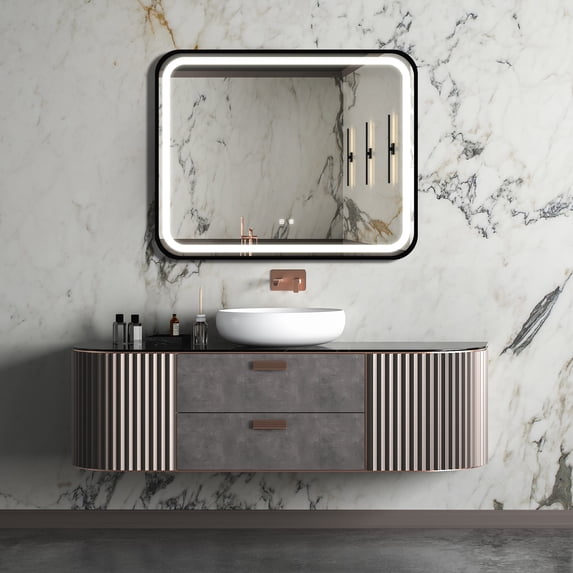 Fulvari LED Bathroom Mirror With Metal Frame and 3 Colors Dimmable Anti-Fog Bathroom Mirror Water Resistant Wall Mounted Makeup Mirror With Wall Switch Control, 40" x 32"