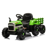 Fulvari Ride On Tractor With Trailer, 24V Battery Powered Electric Tractor, 200Wx2 Motor 1.86-4.97MPH/Remote, Electric Car For Kids, 3 Speed Adjustable, With LED Light, Safety Belt