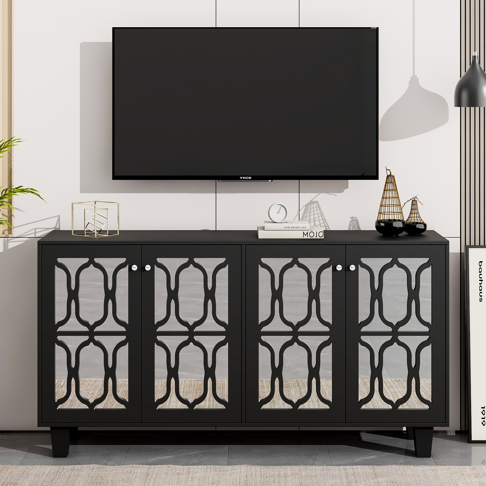 Fulvari TV Stand Buffet with Adjustable Shelves, 4door Mirror