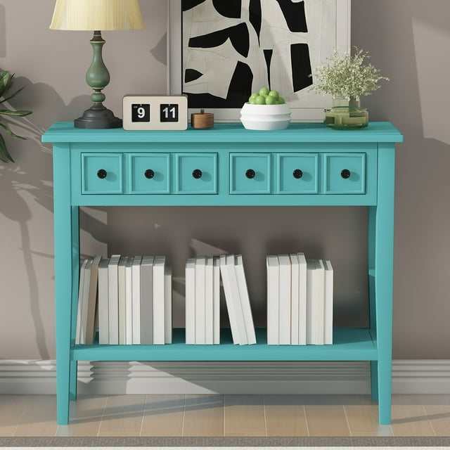Fumedo Rustic Console Table with Open Shelf, Rubber Wood Legs, Ideal for Entryways, Living Rooms, and Hallways (Teal)