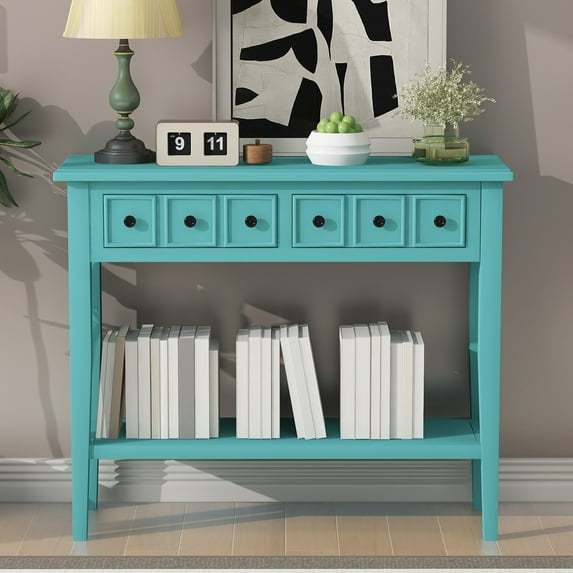 Fumedo Rustic Console Table with Open Shelf, Rubber Wood Legs, Ideal for Entryways, Living Rooms, and Hallways (Teal)