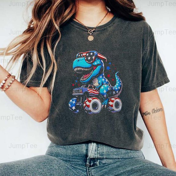 Fun 4th July Boys Patriotic Dinosaur Rex Monster Truck Kids USA Cool Gift Comfort Color T-Shirt Unisex, up to 4XL