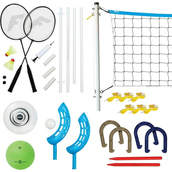CozyNestFinds Fun 5 Combo Outdoor Game Set - Backyard, Beach + Camping Games - Badminton, Volleyball, Flip Toss, Flying Disc - Horseshoes or Ring Toss