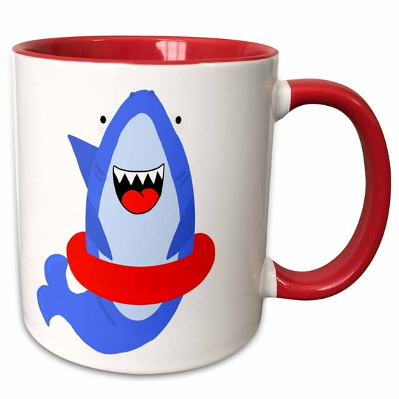 3drose, Fun Adorable Shark Wearing a Red Swim Float Ring, 11oz Two-tone Red Mug
