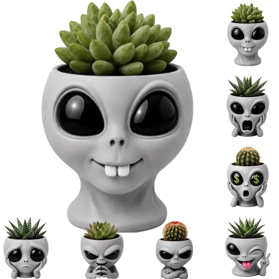 Fun Alien-Faced Planter Angry Smiling Shocked Winking Alien Expression Resin Head Pot Small Succulent Cactus Planter Indoor Outdoor Garden Novelty Decor Gift,A