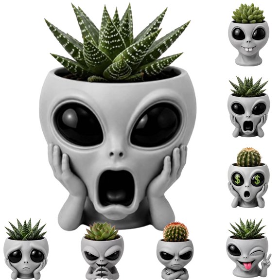 Fun Alien-Faced Planter Funny Sculpted Hand Gesture Alien Head Resin Flower Pot Mini Succulent Cactus Container Unique Sci-Fi Patio Table Decor Gift for Plant Parents,C