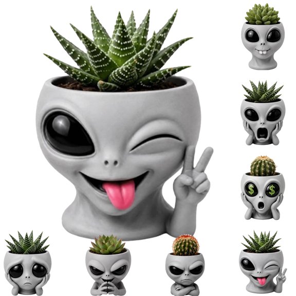 Fun Alien-Faced Planter Multiple Playful Expression Alien Head Resin Pot Indoor Outdoor Succulent Cactus Planter Conversation Starter Decor Gift for Housewarming Birthday,D