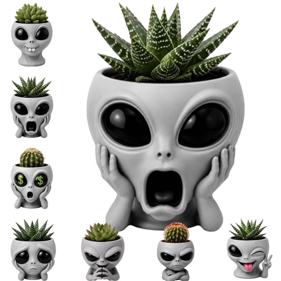 Fun Alien-Faced Planter Weird Extraterrestrial Resin Head Flower Pot Small Novelty Cactus Succulent Planter Creative Space UFO Themed Desk Ornament Gift for Alien Fans,C