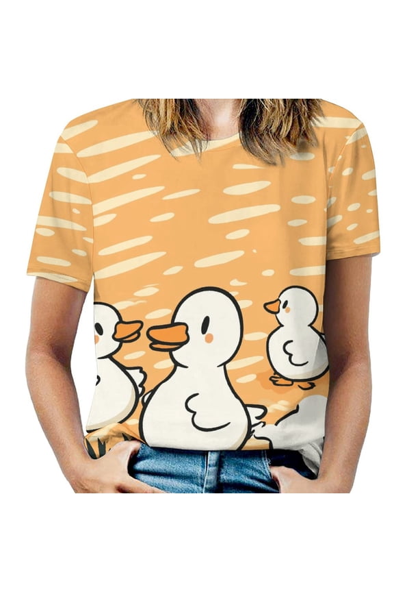 Fun And Playful Duck Women's Short Sleeve T-Shirt Crew Neck Casual Summer Trendy Loose Fit Tops