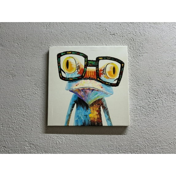 Fun Animals Poster, Animal Canvas, Rainbow Frog With Glasses Wall Art, Rainbow Frog With Glasses, Modern Art, Colorful Frog Printed Canvas, Canvas Wall Decor - Gold Framed