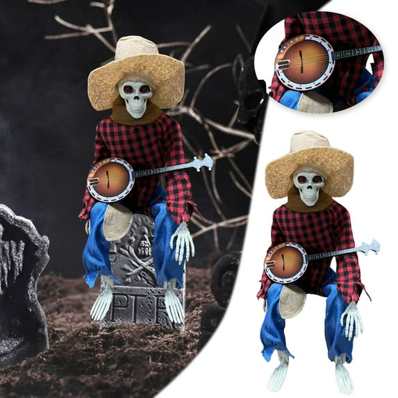 Fun Animated Duel Banjosed Skeleton,Dueling Poseable Skeletons with Light, Jointed and Glowing Eyes Halloween Decoration,15.7" Banjosed Skeleton Fall Indoor Decor ,Red,Without light